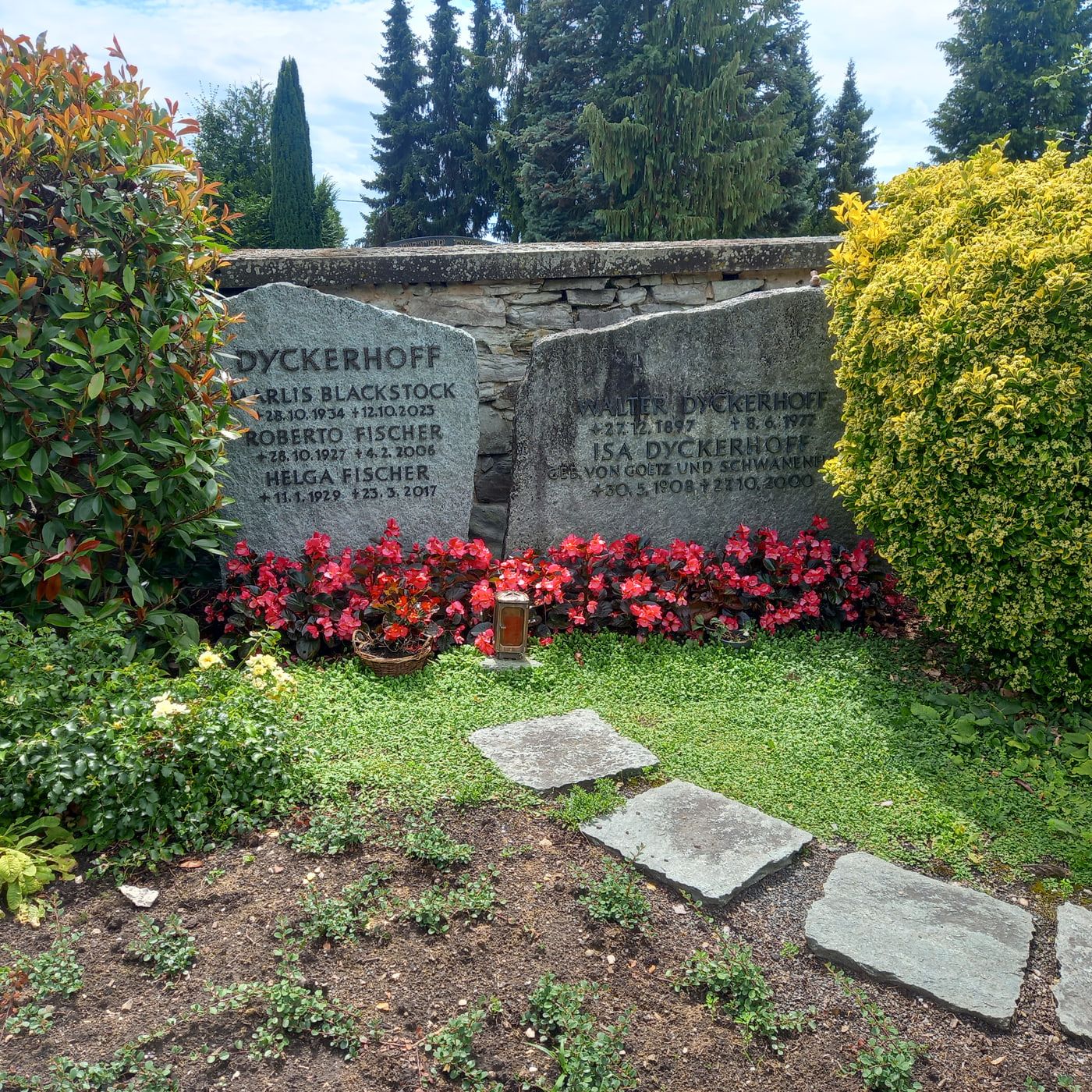Zwei grob behauene Grabsteine der Familie Dyckerhoff zwischen geschnittenen Sträuchern und roten Blumen auf Friedhof Biebrich